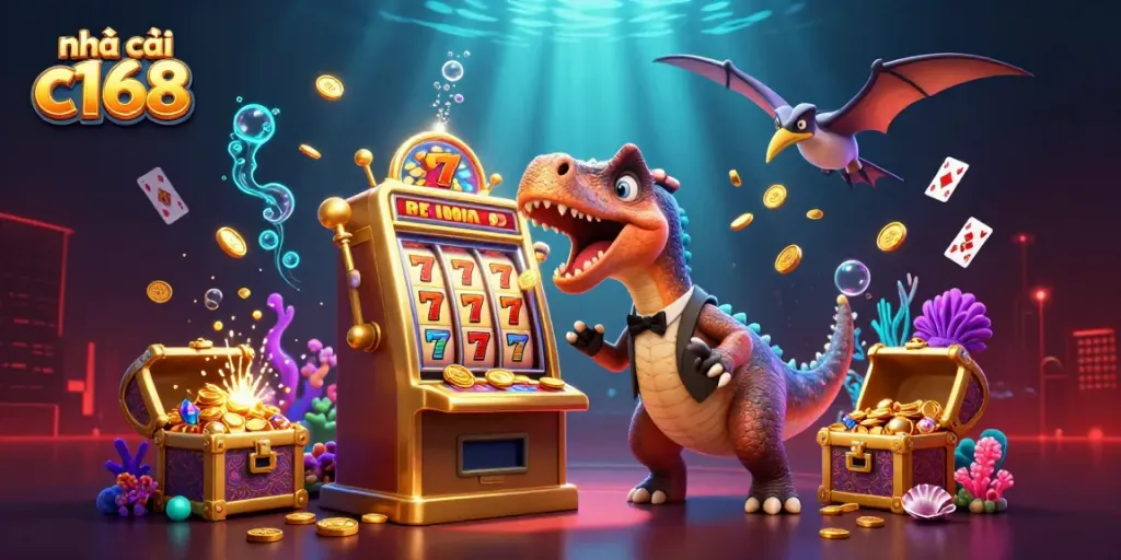 Experience the excitement with nhà cái c168 as a dinosaur triggers a jackpot on a golden slot machine!