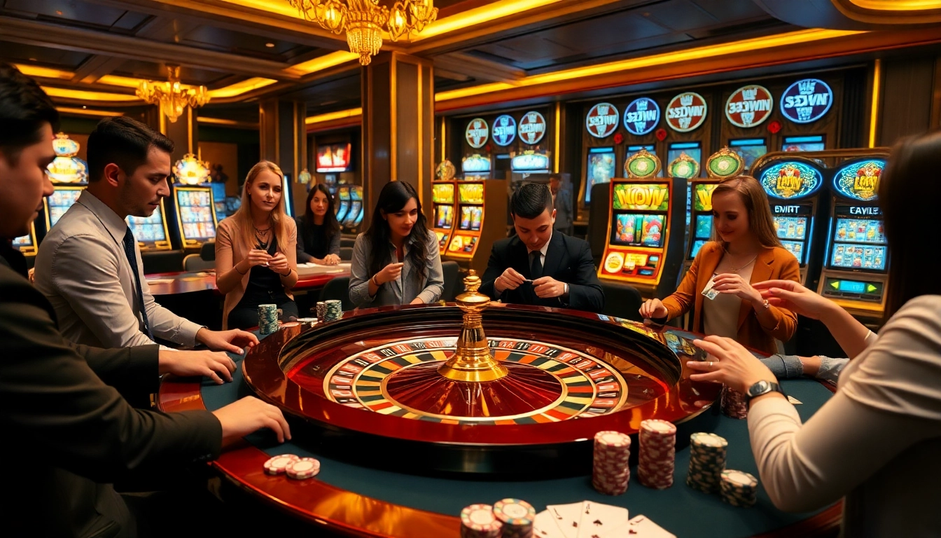 Engaged players enjoying the thrilling atmosphere at 33WIN casino with roulette and poker.