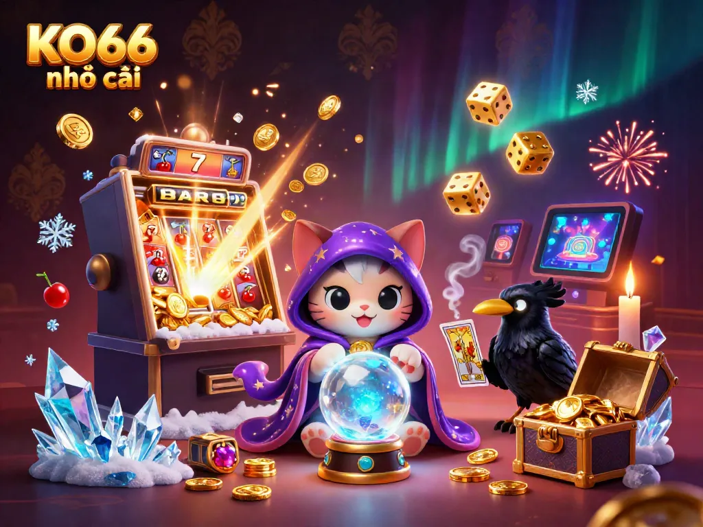 Embrace luck at KO66 nhà cái with a mystical cat and a tarot-dealing raven amidst explosion of coins and thrilling casino elements.