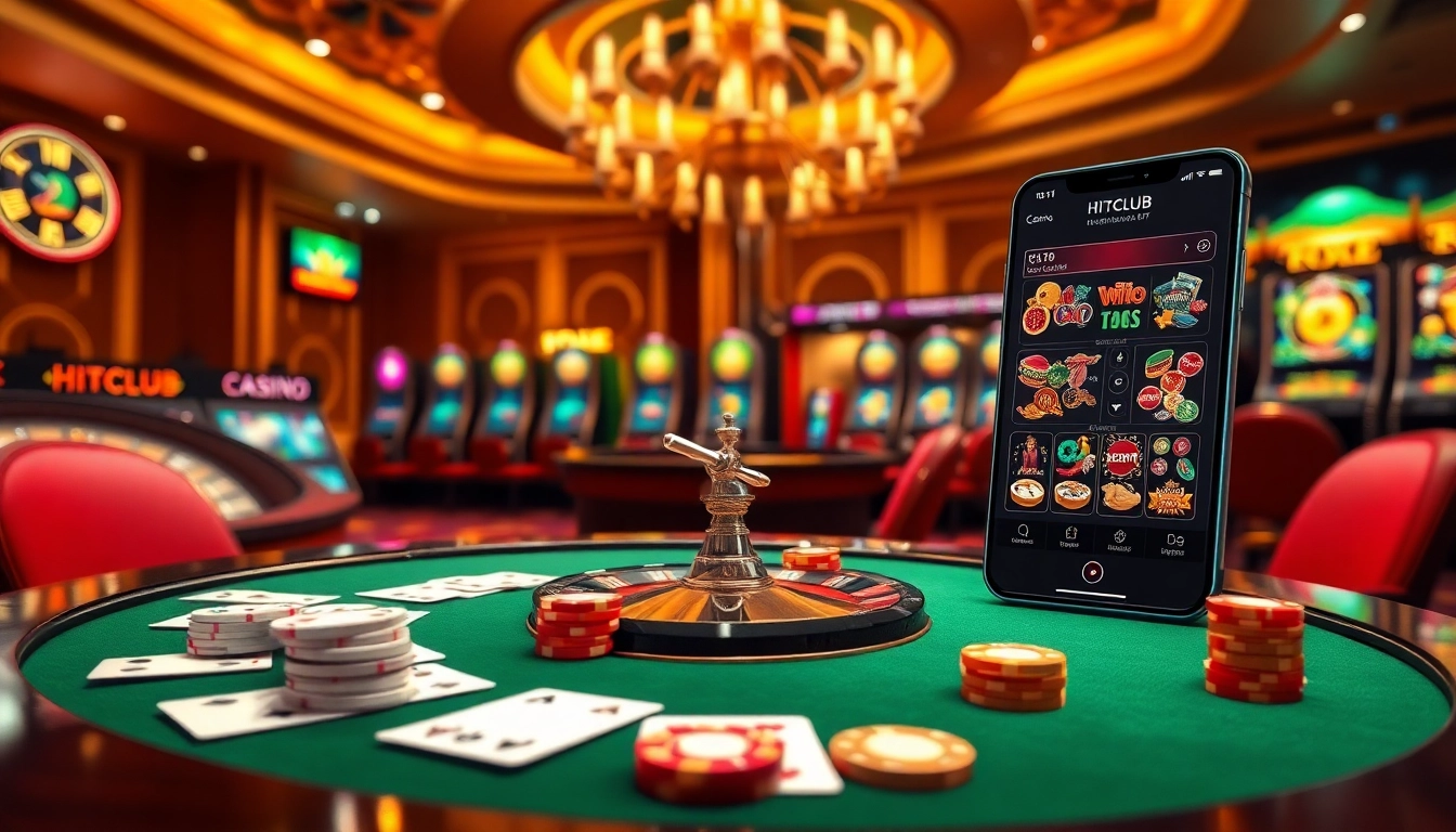 Engage in exciting casino games at Hitclub with vibrant cards and roulette wheels.