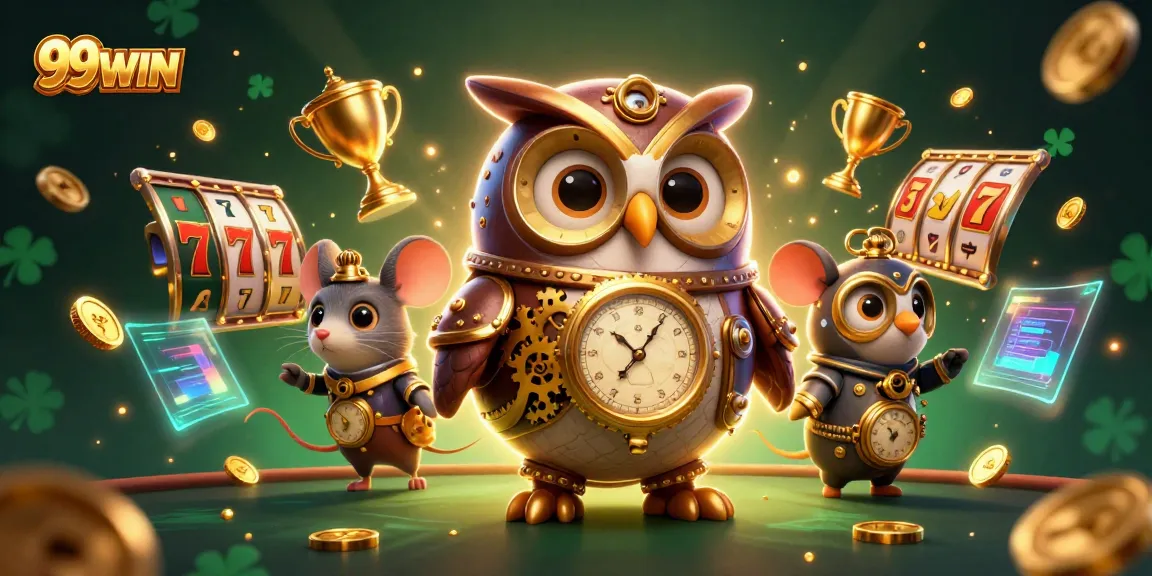 Win games with exciting 99WIN casino visuals, showcasing a lively steampunk owl and mouse.