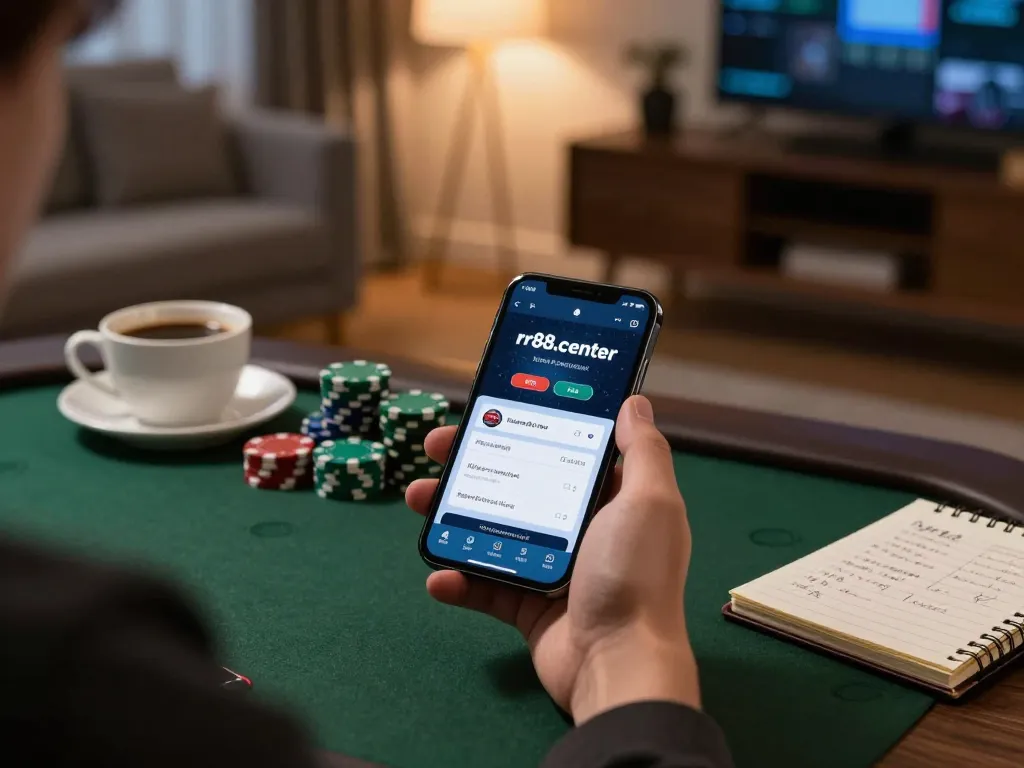 Engaged player using the rr88.center betting app on a smartphone in a cozy home setting.