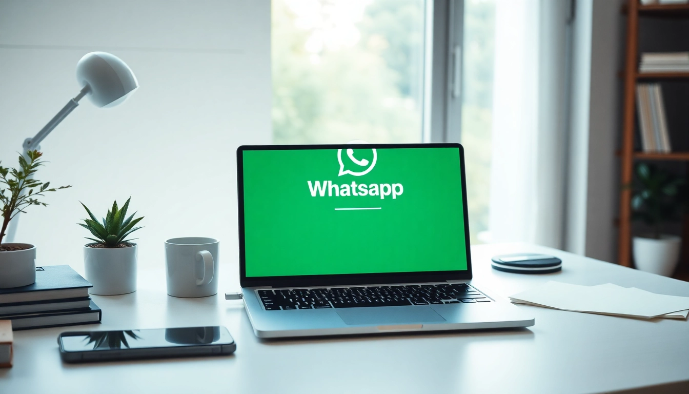 WhatsApp网页版 displayed on a laptop in a modern home office setting for seamless connectivity.