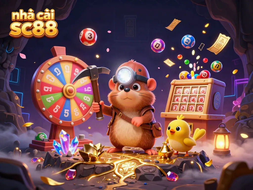 Engage in the excitement of nhà cái sc88 with a vibrant online casino world featuring a treasure hunter mole and a glowing prize atmosphere.