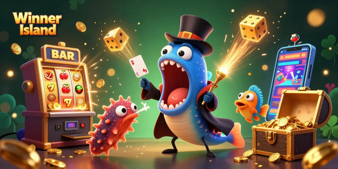 Winner Island features a deep-sea gulper eel performing card tricks among revealing slot machines and poker elements.
