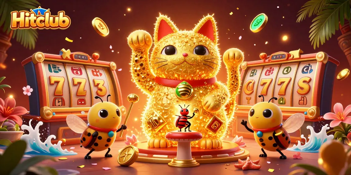 Hitclub's vibrant casino scene showcases a lucky cat formed by fireflies for an exciting gaming experience.