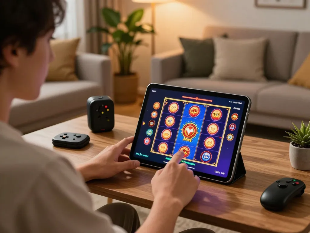 Ace96au player engaged in online slot gaming at home, showcasing vibrant game graphics and a cozy atmosphere.