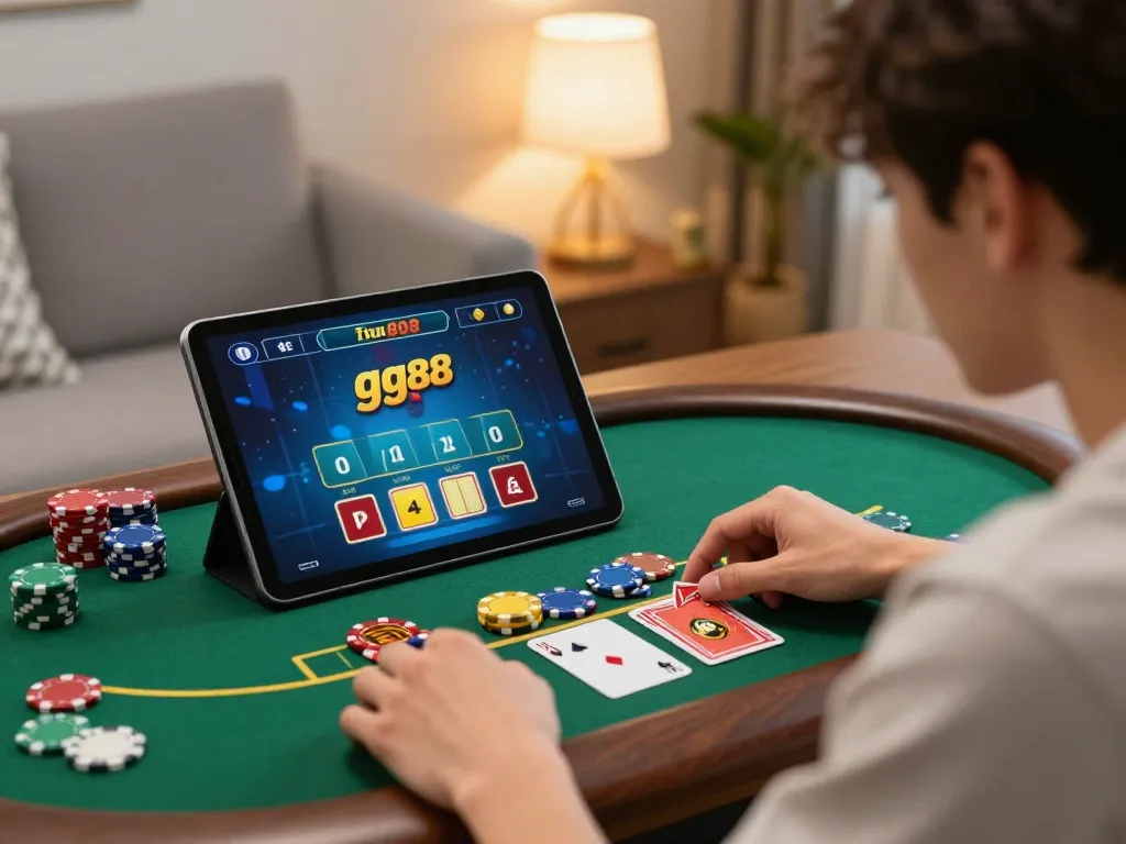 Engaging gameplay experience on a tablet with gg88 online blackjack interface, showcasing chips and cards.
