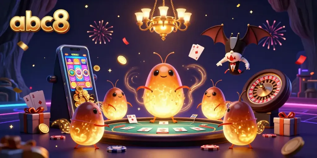 Engage with abc8's vibrant cave casino, featuring glowworms and a bat dealer in action.