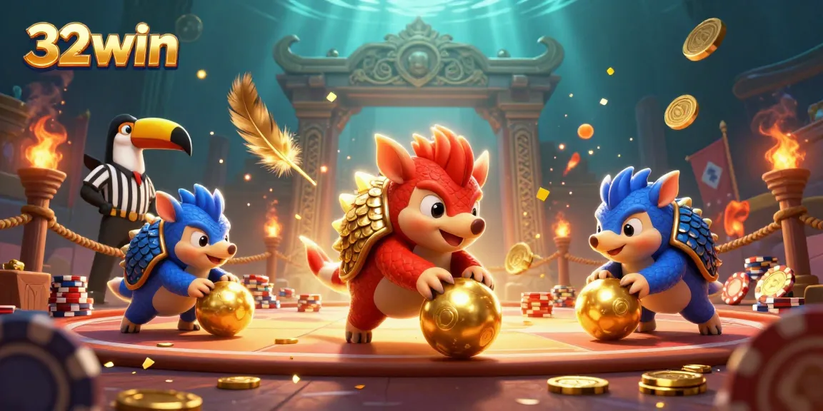 32win pangolins competing in a thrilling casino bowling scene with poker chips and gold coins.