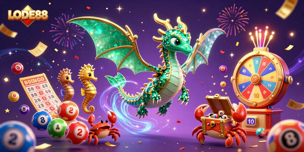 Engage in thrilling LODE88 action with a vivid sea dragon and lottery elements illuminating a vibrant casino scene.