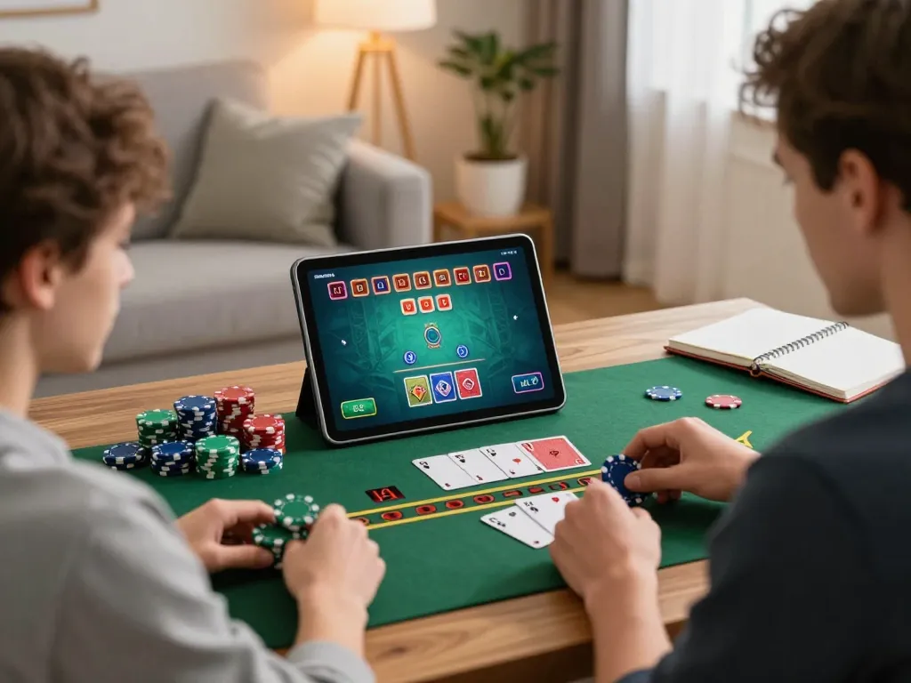 Engaged in an online blackjack game with debet, showcasing strategic gameplay in a cozy home.