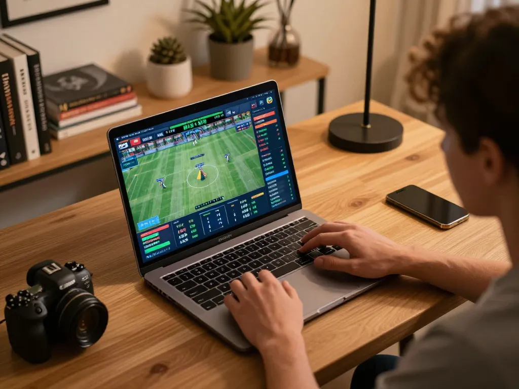 Engaged player exploring nhà cái XX88 for online sports betting in a cozy home office.