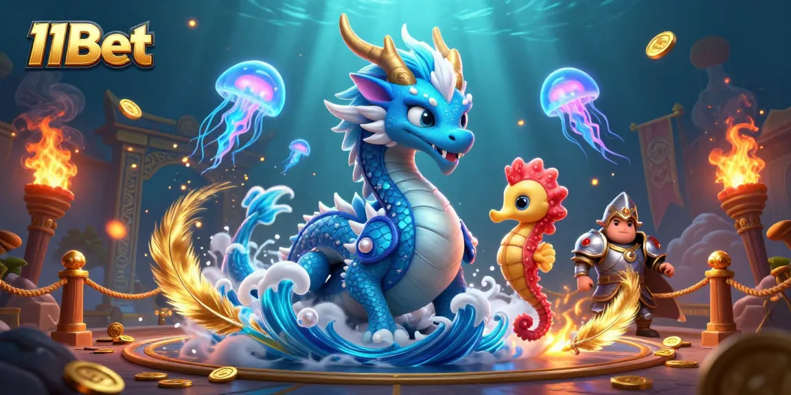 Experience thrilling gaming action with 11Bet featuring a majestic water dragon, seahorse knight, and vibrant jellyfish.