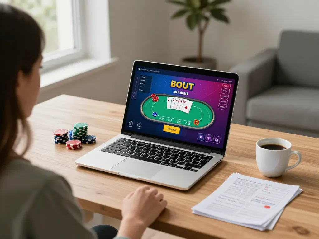 MAY88 player engaging in an exciting online poker game at home with strategy notes and chips