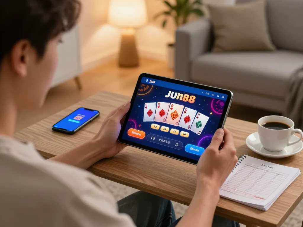 Online casino gaming on the Jun88 mobile platform during a cozy evening at home.