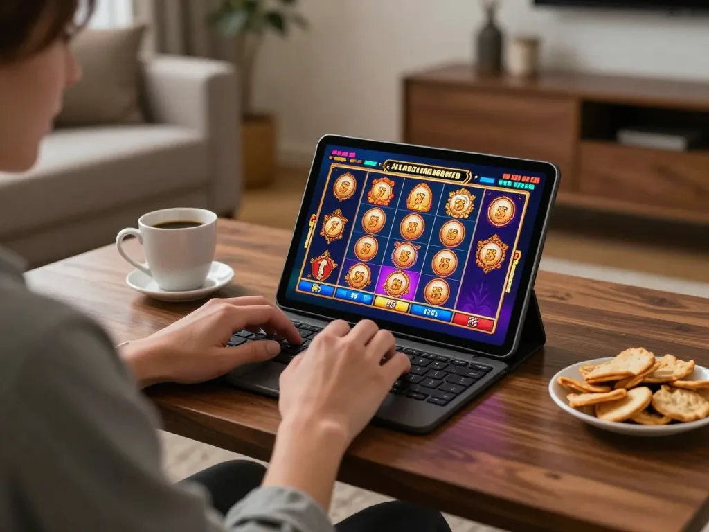 Engaging in JJun88 online slot gaming in a cozy home environment with snacks and a tablet.