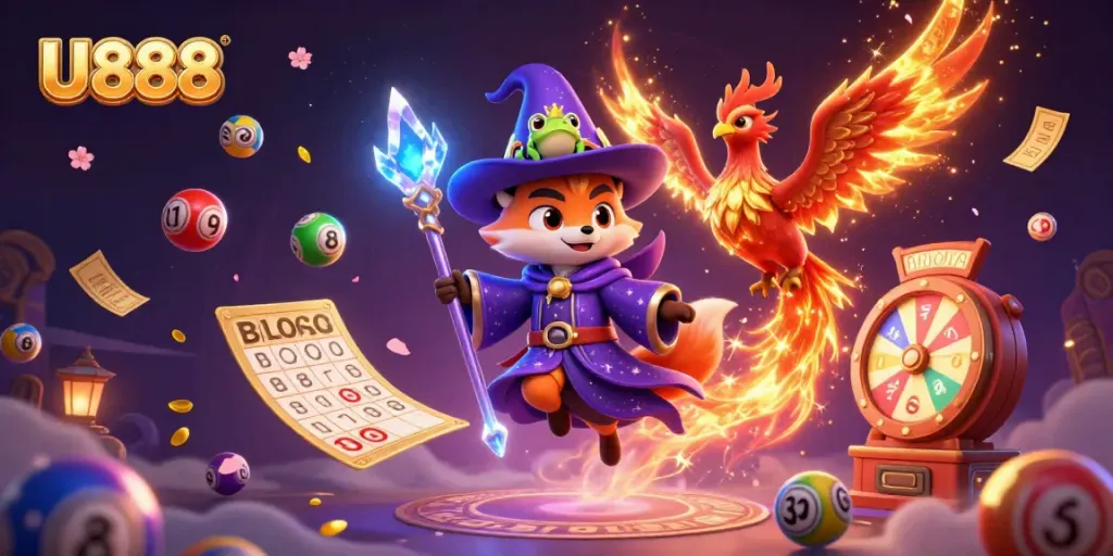 Engaging U888 lottery scene featuring a mystical wizard fox, phoenix, and lottery balls.