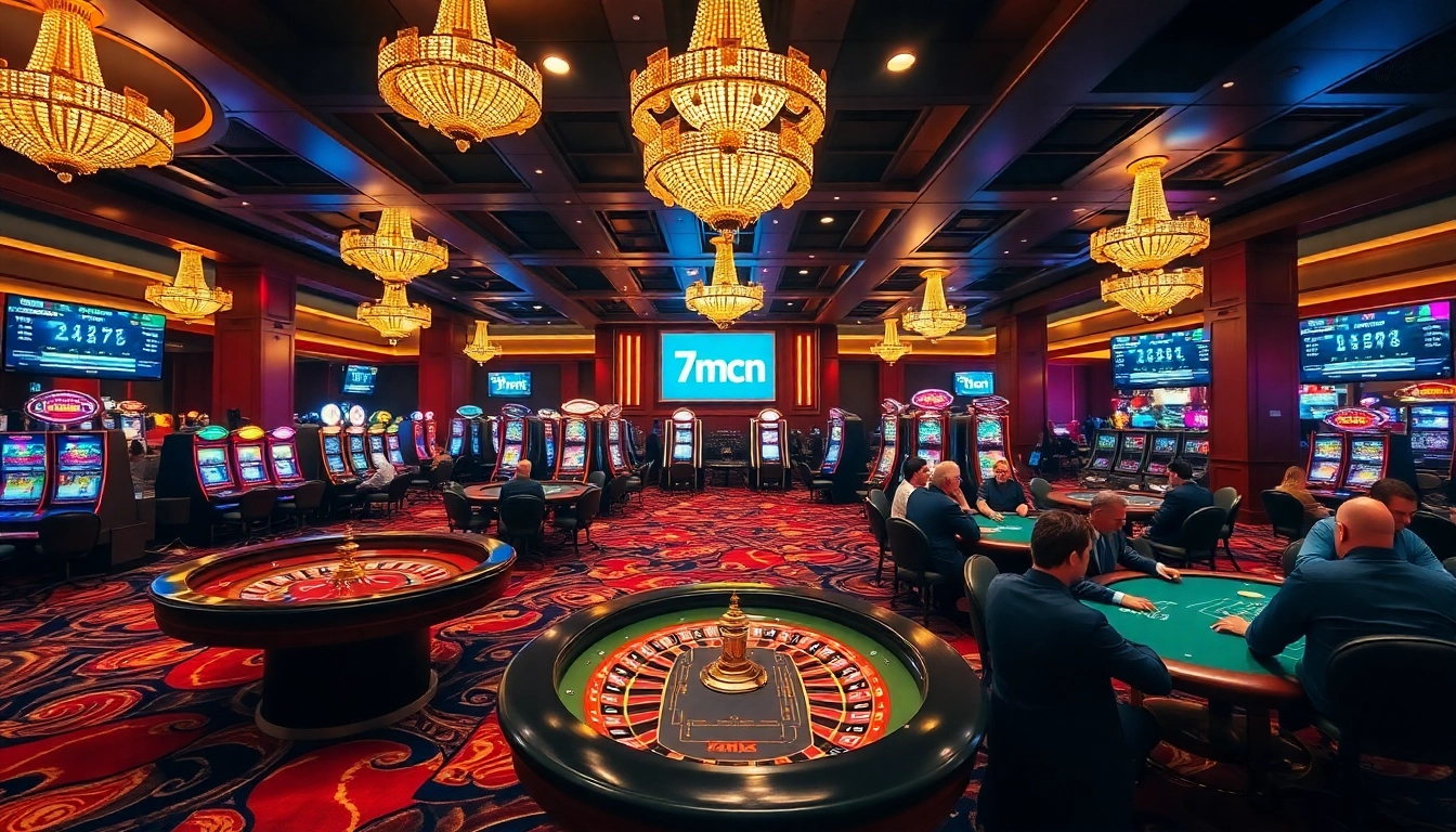 Engaging gamblers at a vibrant casino showcasing 7mcn odds on screens.
