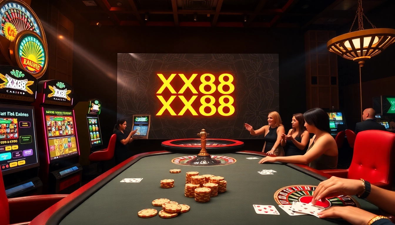 Engaged players enjoying games at XX88 casino with vibrant slot machines and elegant poker tables.
