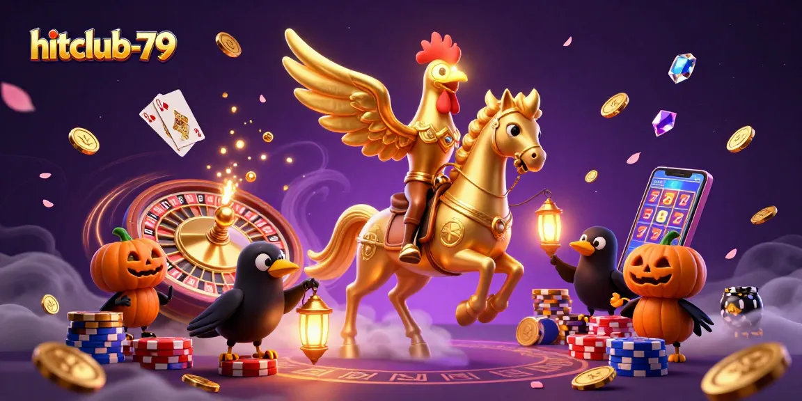 Experience thrilling gaming at hitclub-79 with a golden rooster and vibrant casino elements.