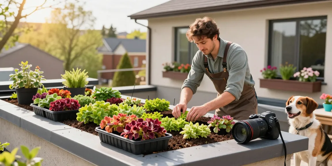 Een levendig thuis tuin scène met een sedumdak installatie, waarop te zien is wanneer sedumdak aanleggen in het voorjaar.