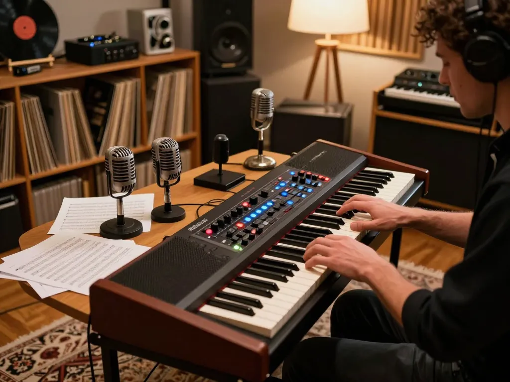Musician playing the VK88 organ in a vintage music studio with warm lighting