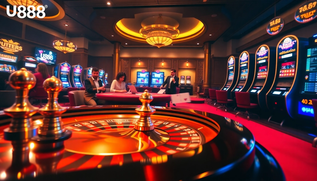 U888 players enjoying an exciting round of poker at a luxurious casino table.