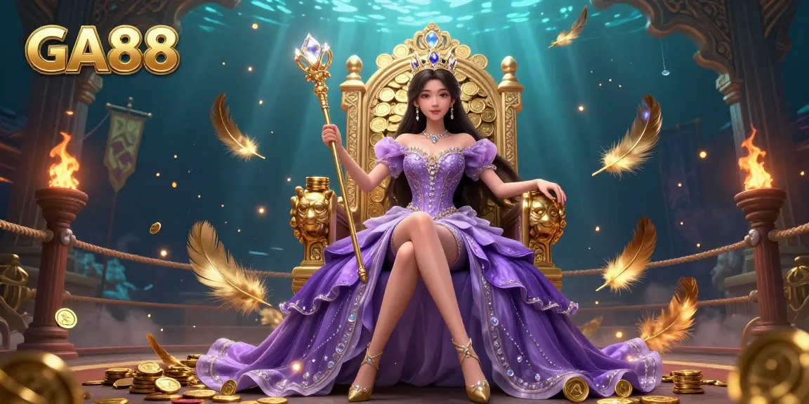 Experience the excitement of GA88 with a dazzling casino scene featuring a beautiful princess amidst gold coins and gambling elements.