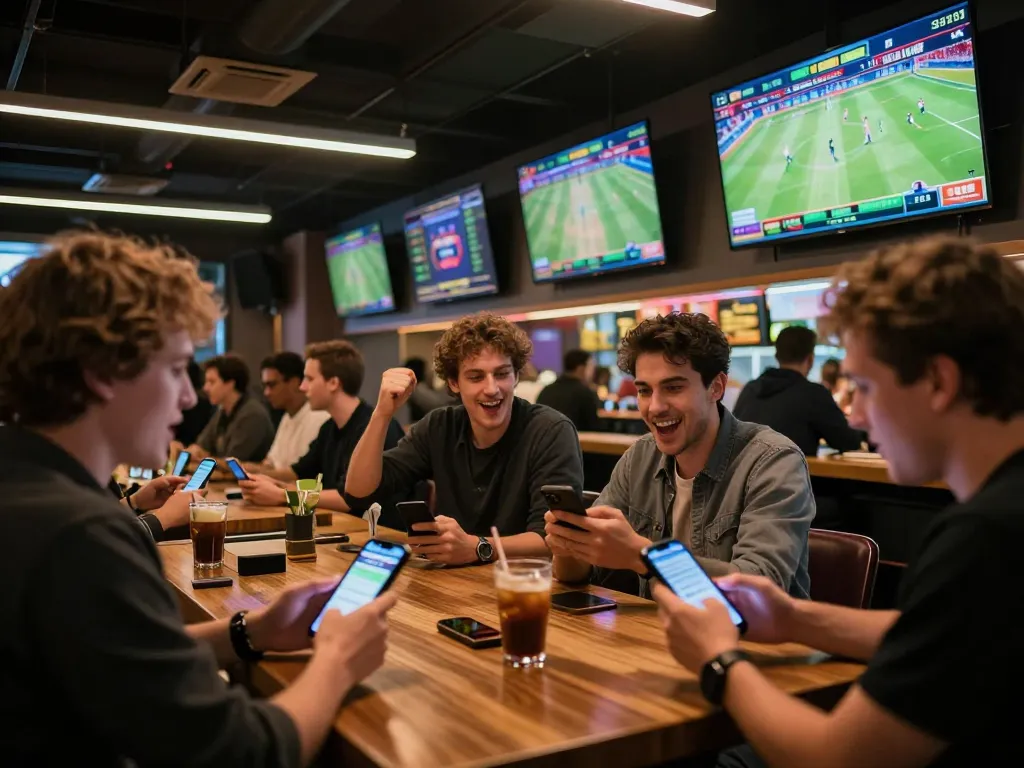Engaged sports bettors using mobile apps for kèo nhà cái while enjoying the match atmosphere