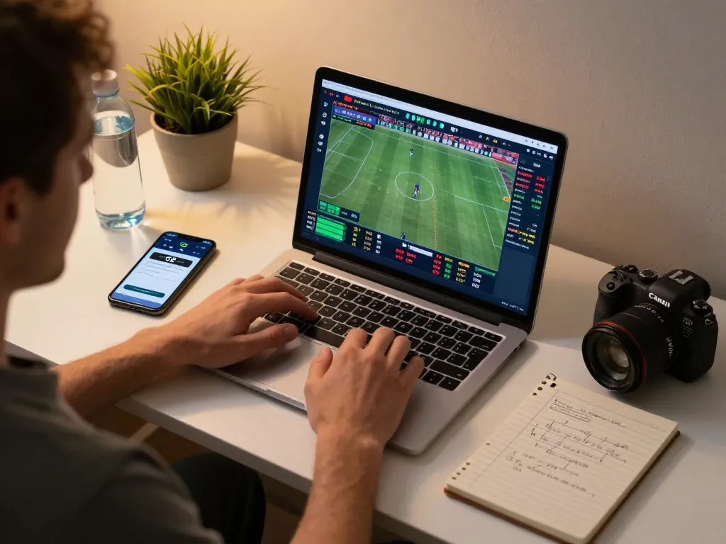 Person placing sports bets on O8 online platform while jotting down strategies, emphasizing responsible gaming.