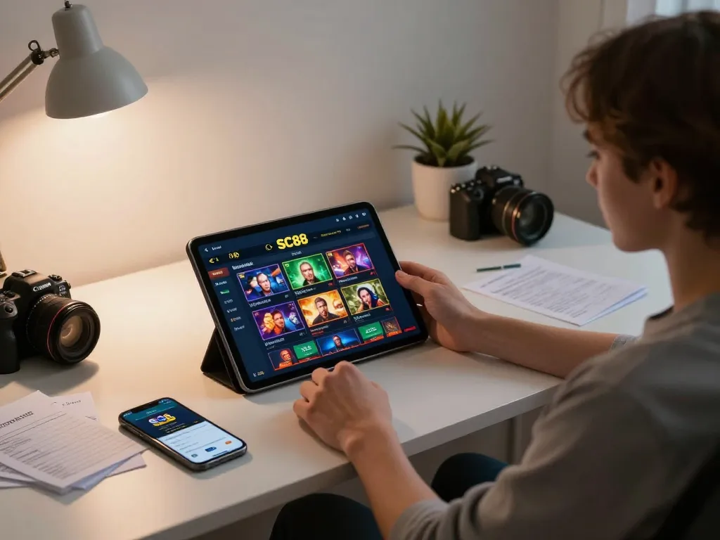 Engaging in online casino gaming at SC88, a person concentrates on a tablet to enhance their gambling strategy.
