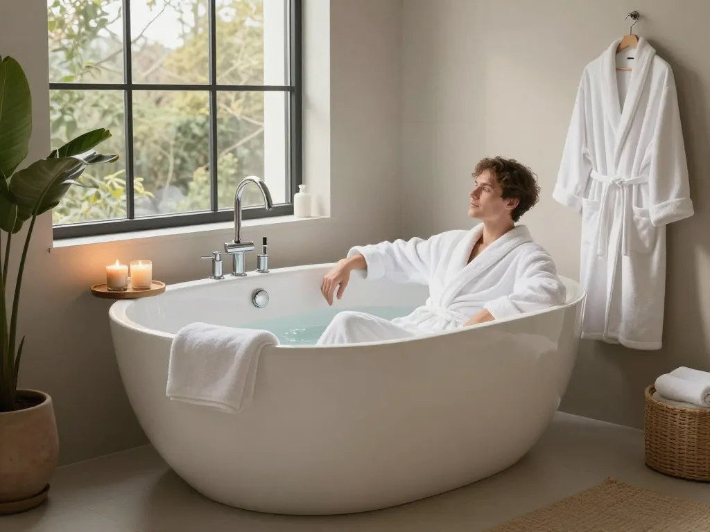 Ontspannende scène van een zitbad met afvoer in een stijlvolle badkamer met natuurlijk licht, luxe handdoeken en planten.