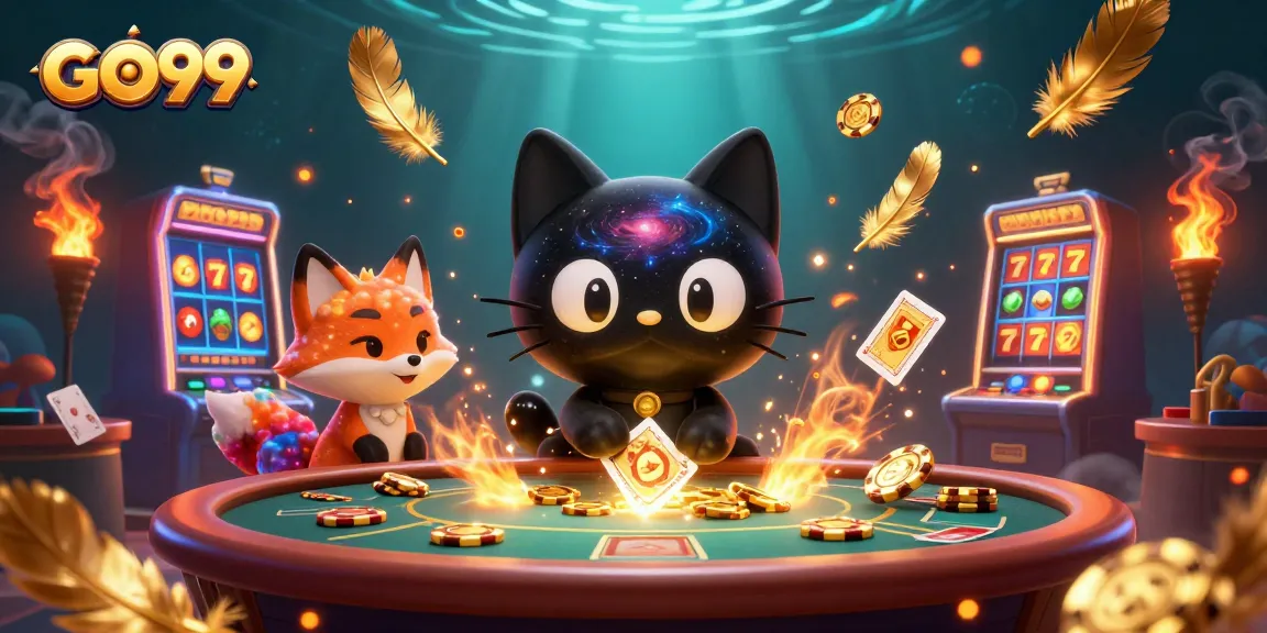 Engage with GO99's cosmic casino experience featuring a black hole cat and vibrant gaming elements.