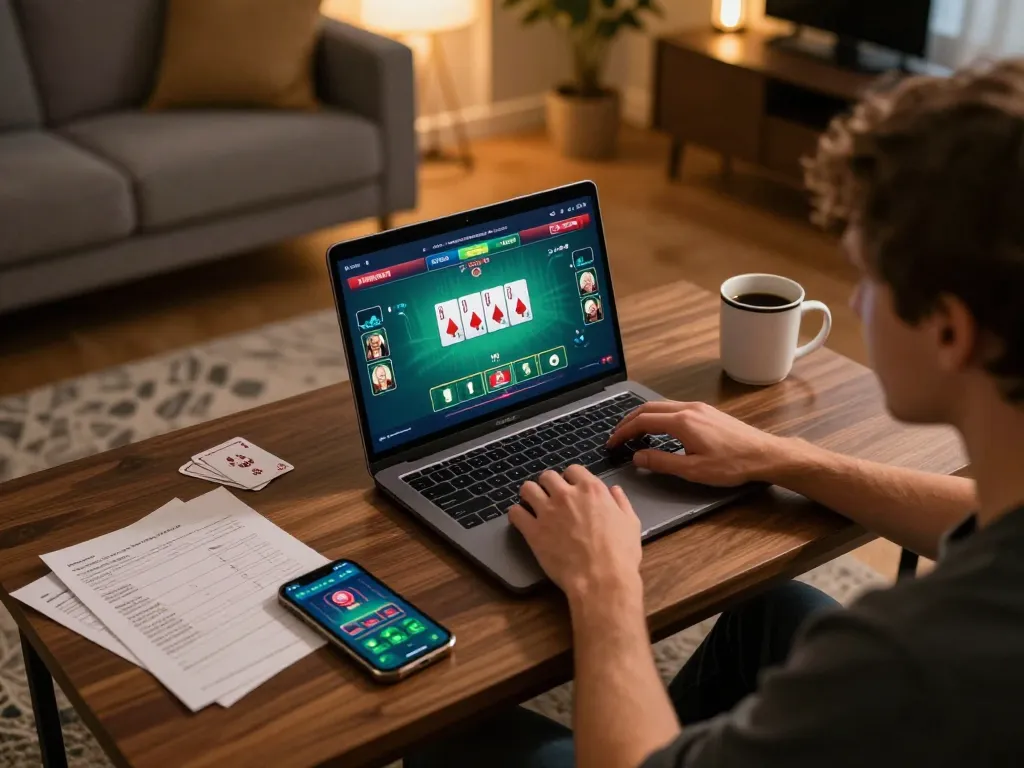 Player enjoying an exciting poker game at home, representing the alo8 center online gaming experience.