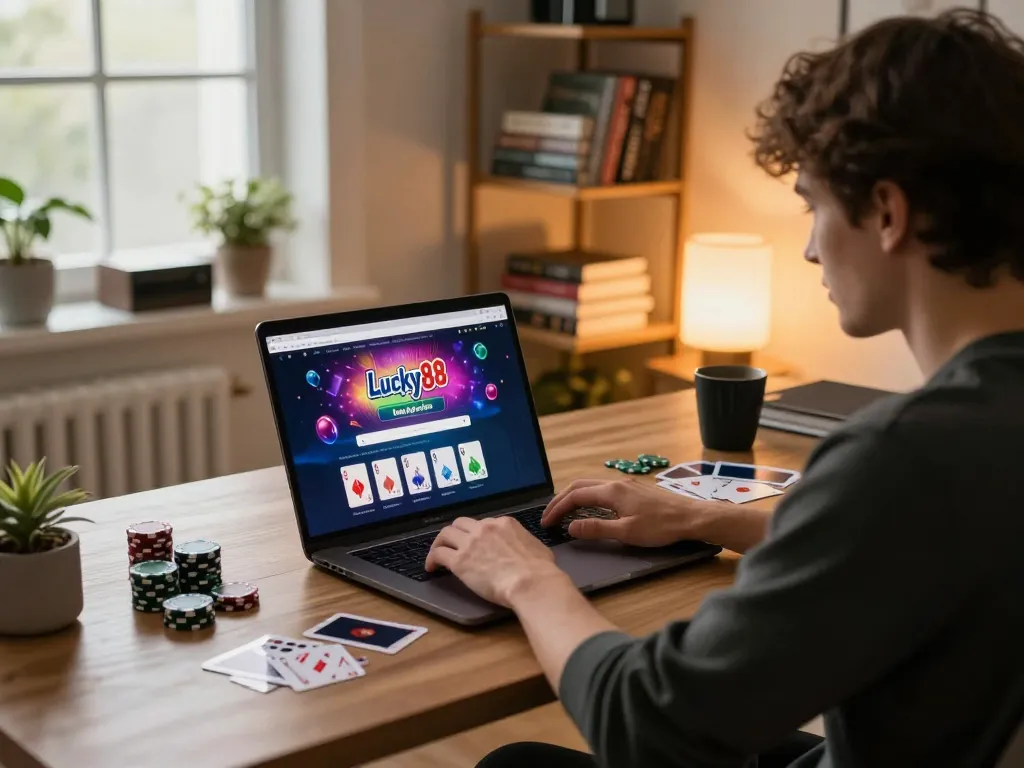 Using Lucky88 đăng nhập interface on a laptop, showcasing online poker strategy in a cozy home office.