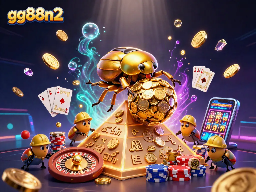 Engage with gg88n2's exciting gaming world featuring golden beetles and casino elements.