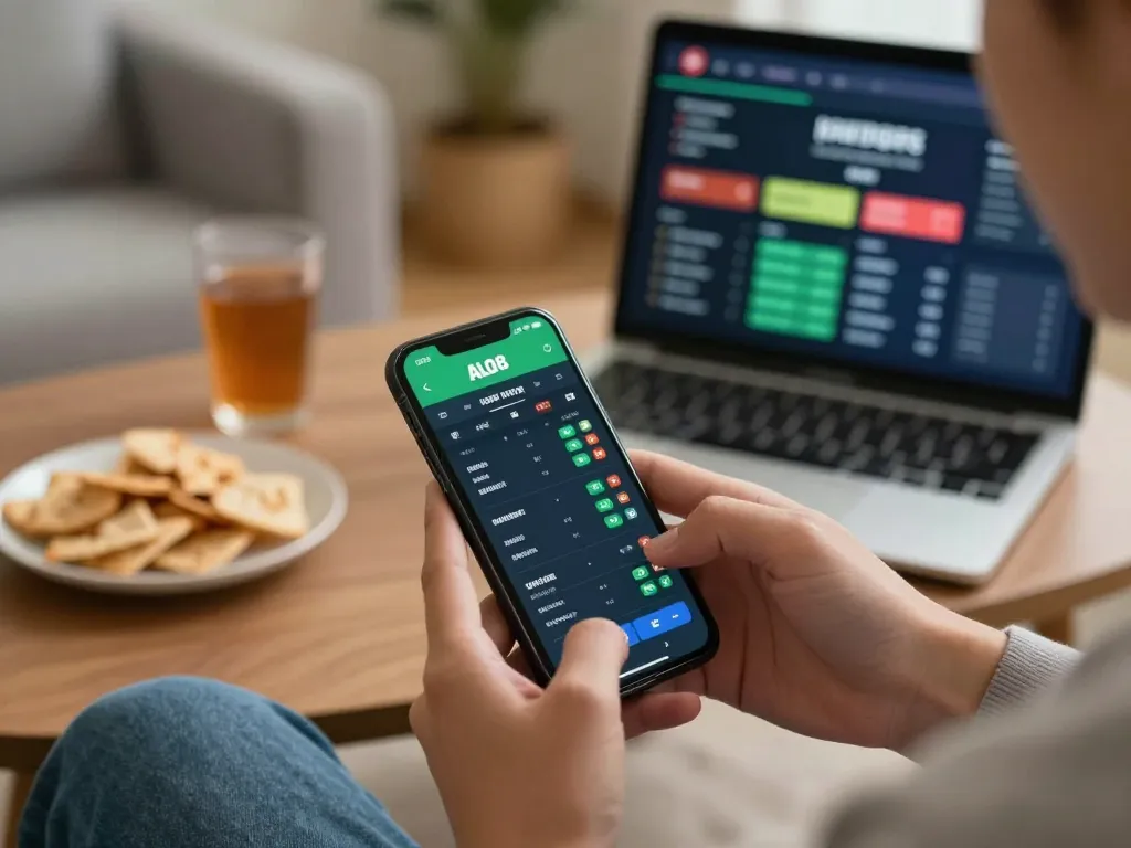 Player engaging with ALO8 sports betting app on smartphone while enjoying a cozy home setup.
