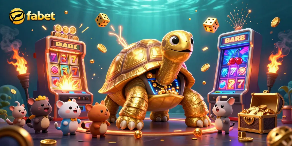 Engage with fabet's thrilling mini-games featuring a colossal pinball tortoise amid a slot machine explosion.