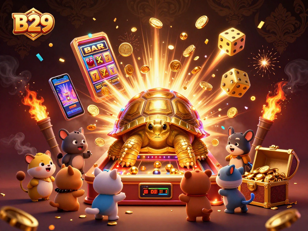 B29 slot players enjoy a thrilling jackpot explosion and vibrant casino games in a colorful 3D scene.