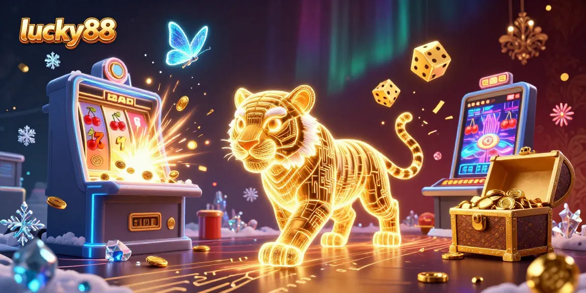 The lucky88 casino features a golden tiger in a vibrant digital landscape, symbolizing exciting gaming.