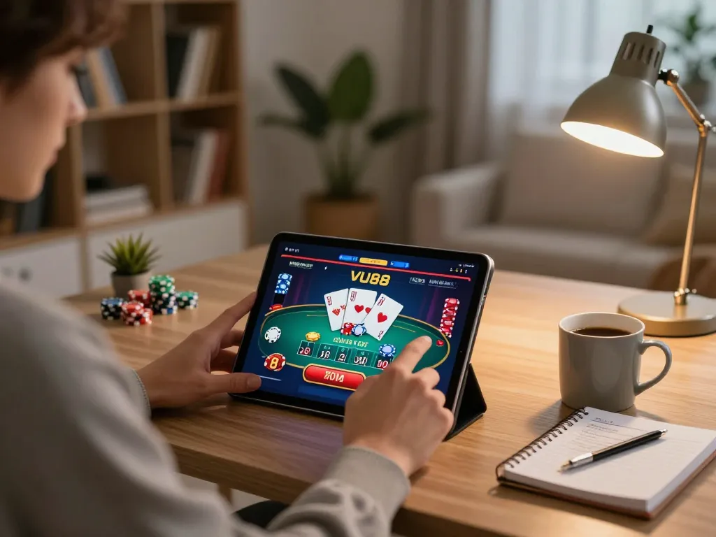Engaging in strategic online gaming on VU88 tablet, showcasing poker gameplay in a cozy living room