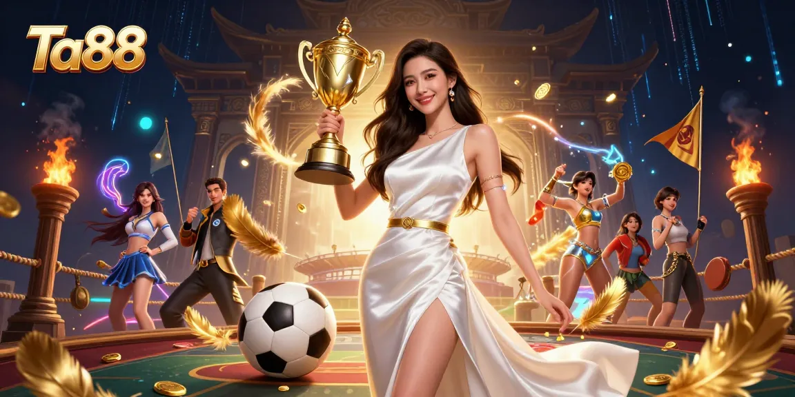 Ta88 showcases a vibrant casino scene with a confident woman and dynamic sports betting elements.