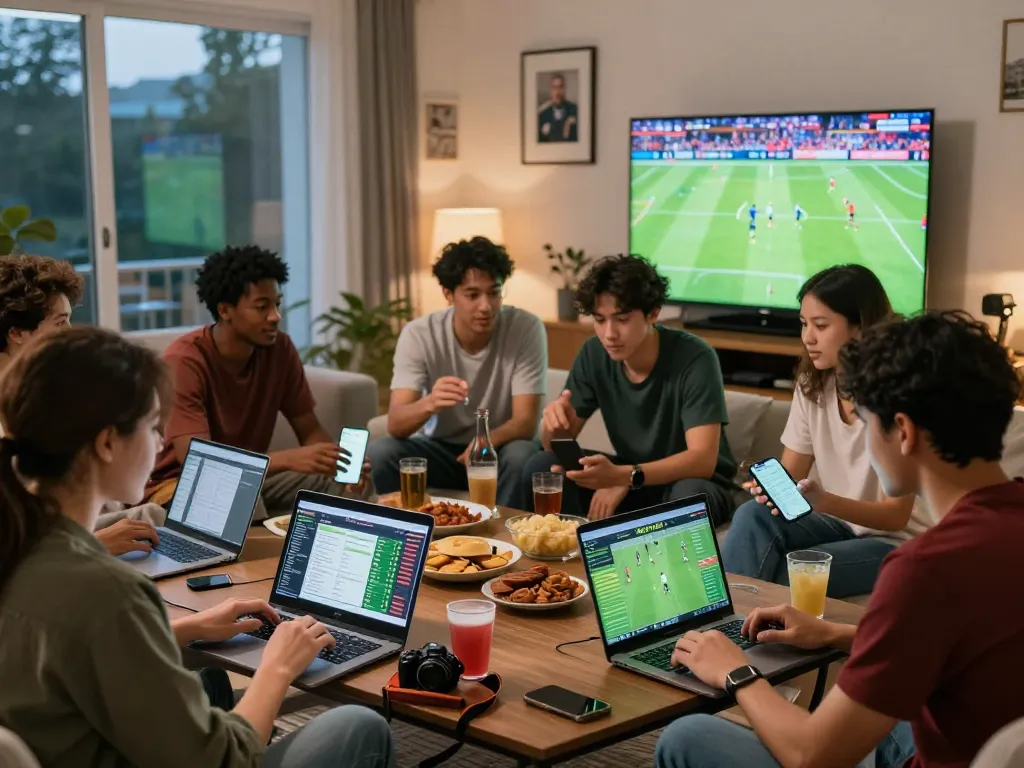Tỷ lệ kèo bóng đá analysis scene with friends engaging over match statistics and live games.