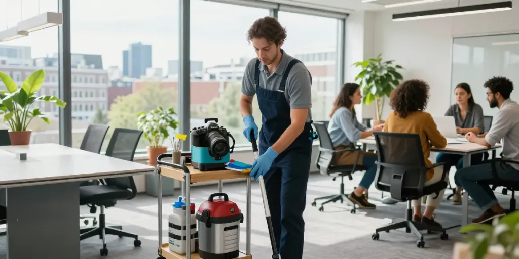 Kantoor schoonmaak Amsterdam met professionele schoonmaker in moderne kantooromgeving.