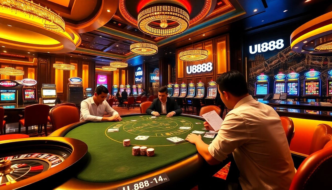 U888 casino excitement with poker players and roulette wheel in a luxurious setting.