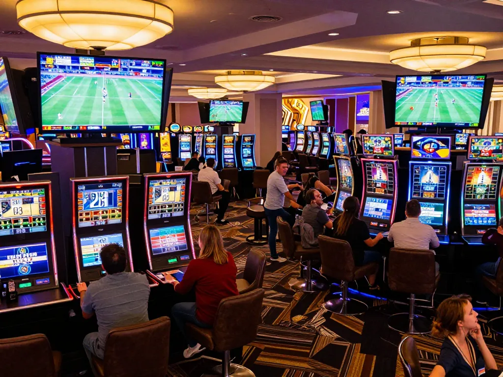 Cheering patrons engage in sports betting action at casino, showcasing link LLwin for better odds.
