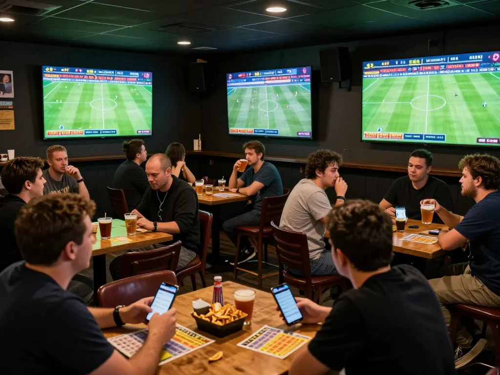 Viewers analyzing soccer predictions while enjoying sports betting in a lively bar atmosphere.