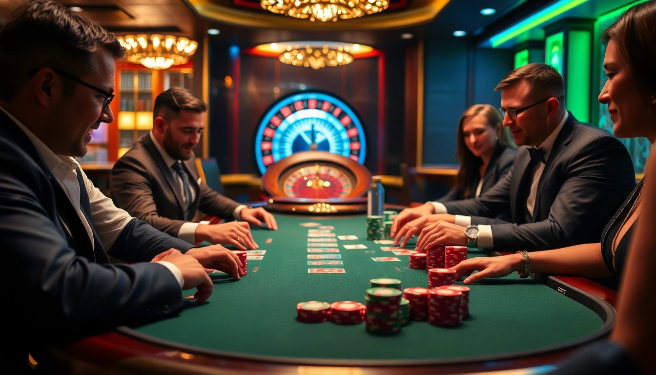 RR88 players engaging in a high-stakes poker game at a luxurious casino table surrounded by vibrant roulette wheels.