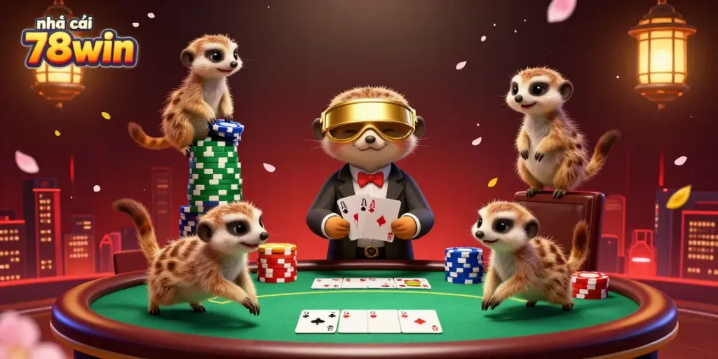 Experience the excitement of nhà cái 78win with a lively meerkat casino scene showcasing vibrant card games and vibrant visuals.